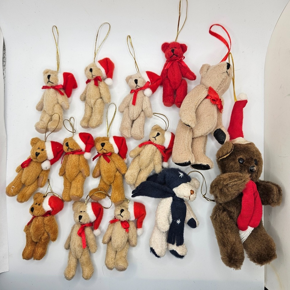 VTG Lot 14 Mini Plush Teddy Bear Christmas Ornaments Santa Hats Snowman Holiday